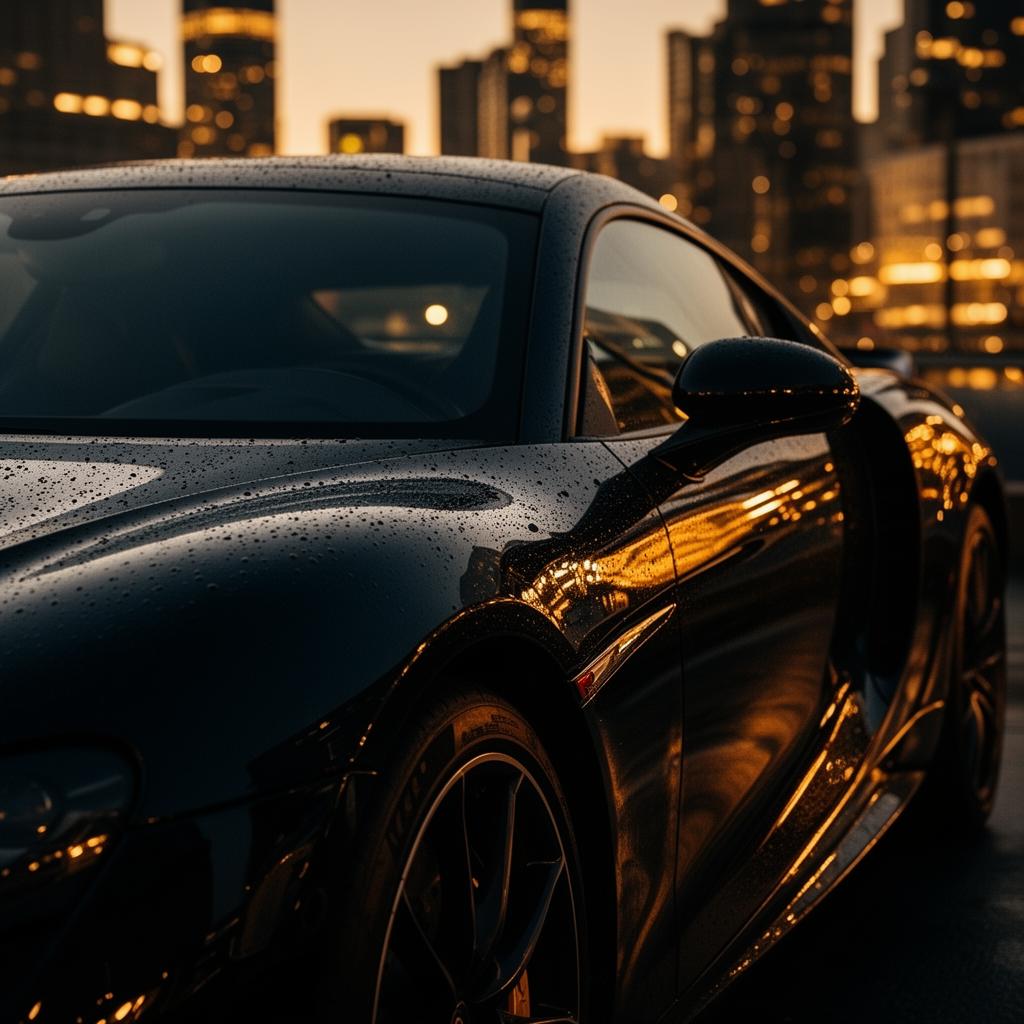Glossy black luxury sports car after detailing